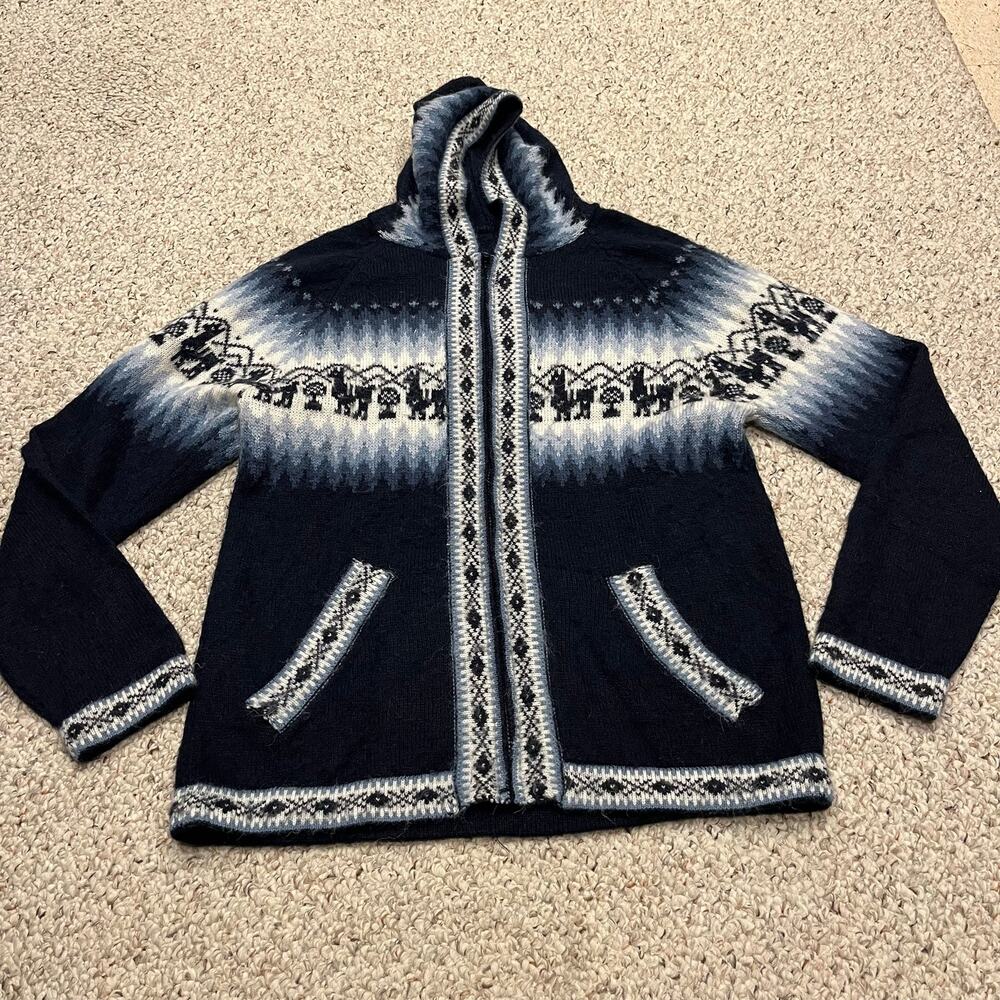 Alpaca Full Zip Long Sleeve Hooded Sweater Peruvian Southwestern Knit Casual